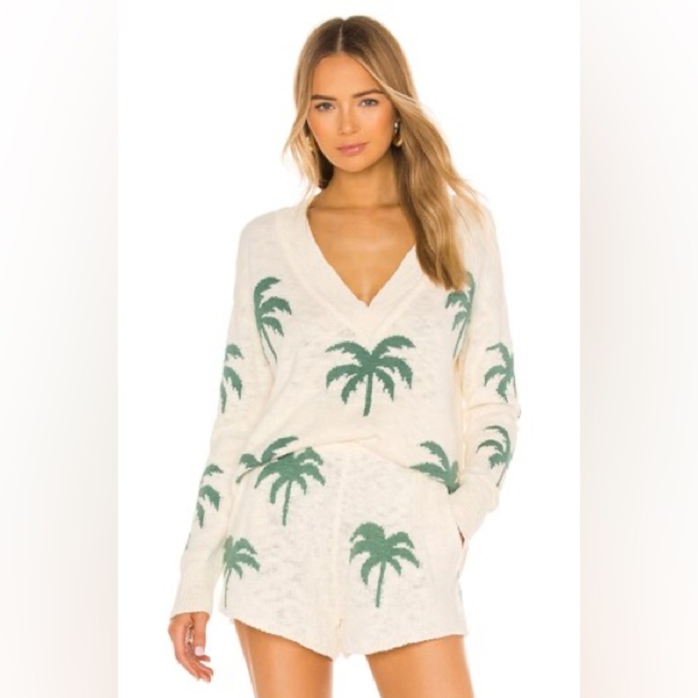 Show Me Your MuMu Cream Palm-Print V-Neck Sweater/Coverup